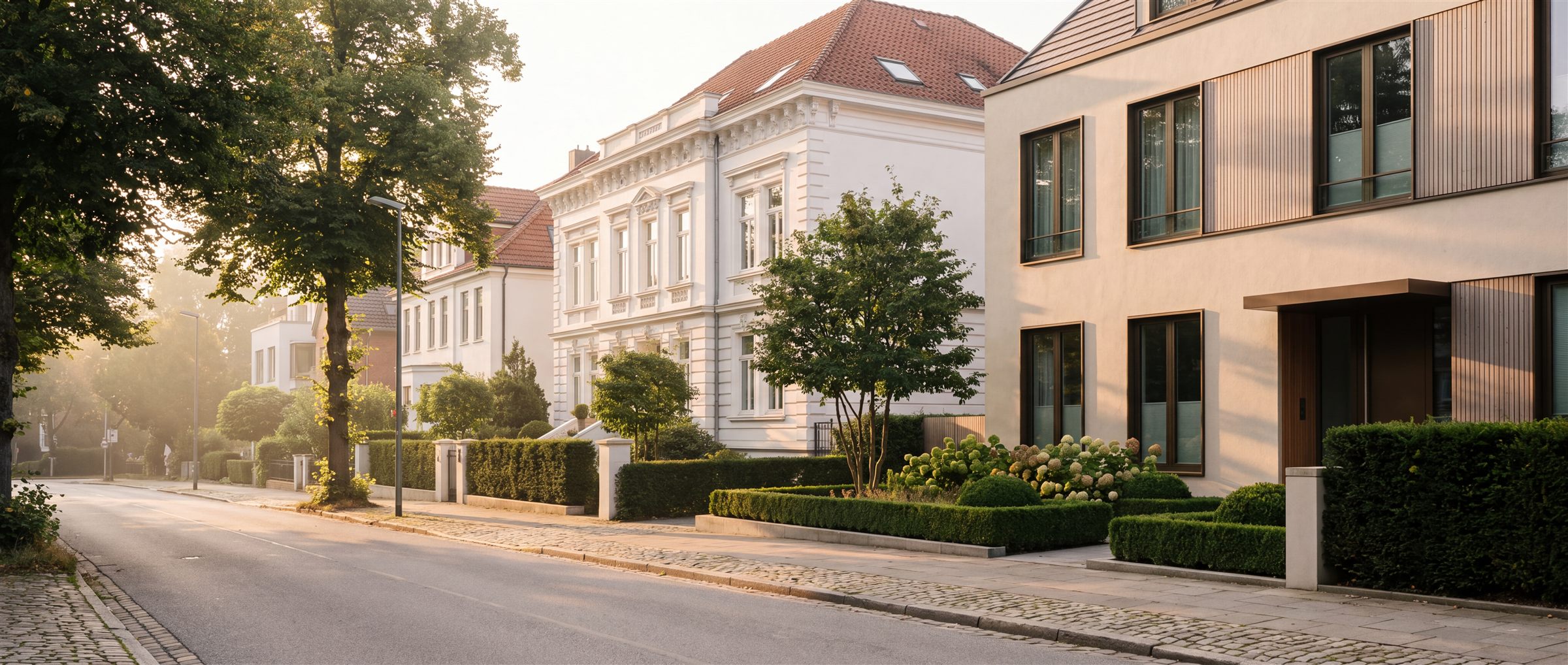 Ruhige Wohnstraße mit gepflegten Häusern im Abendlicht